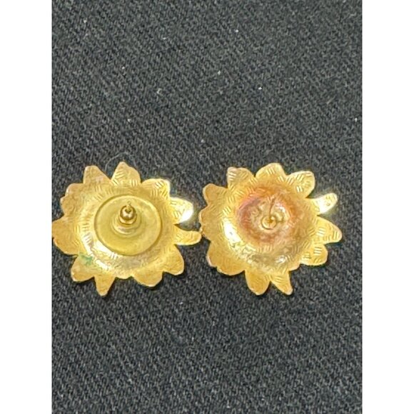 Vintage Floral Enamel  Earrings Blue & Green Flower Design Gold-Tone - Picture 3 of 5